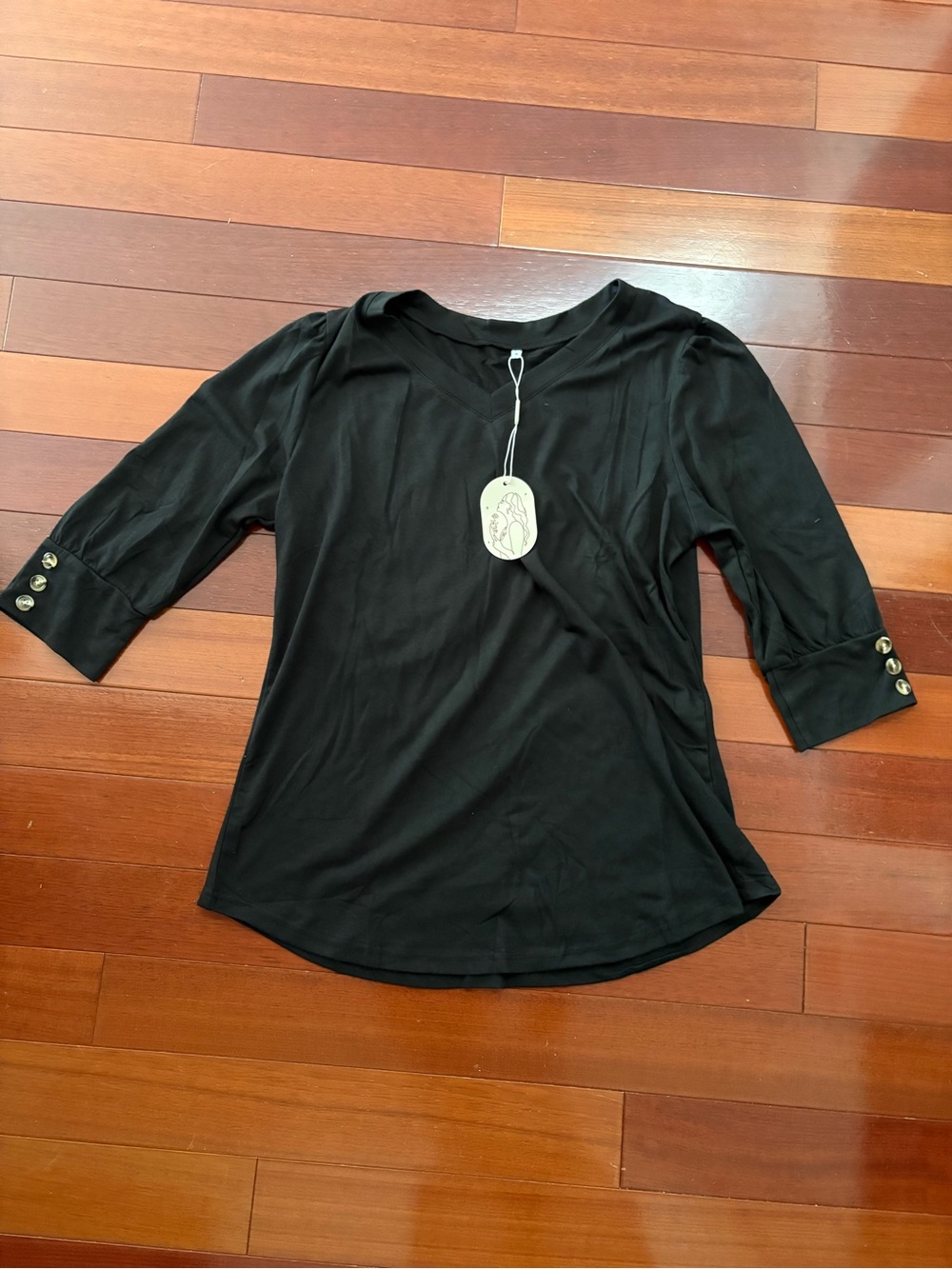 NWT Black Women's V-Neck 3/4 Sleeve Top with Button Cuff
